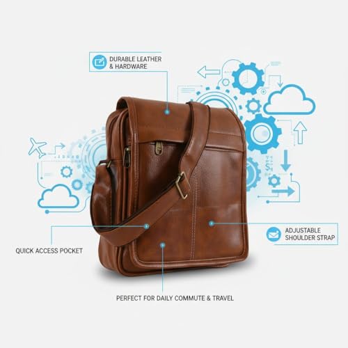 Image of Men's Leather Sling Bag Crossbody Messenger Shoulder Bag | Stylish Office Travel Side Bag with Multiple Compartments, Adjustable Strap & Secure Pockets for Daily Use