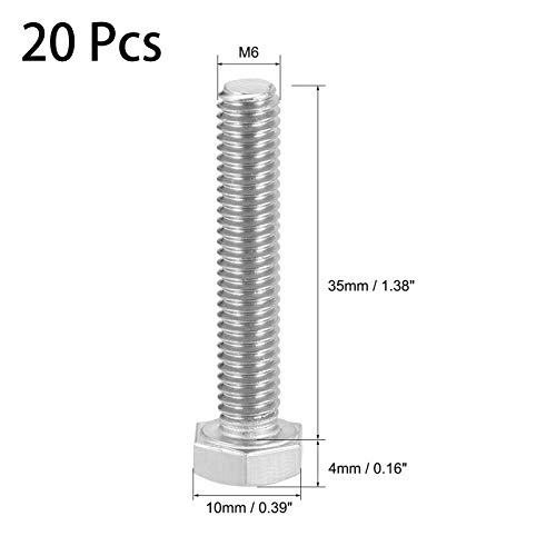 Image of 20 Pcs M6 Hex Bolt M6-1 x 35mm UNC Hex Head Screw Bolts A2-70(304) Stainless Steel Fully Threaded Hex Tap Bolts,Plain Finish,Fully Threaded (M6 x 35mm)