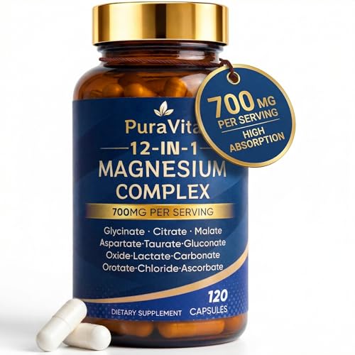 Puravita 12 in 1 Magnesium Magnesium Complex for Women Men 700mg High Absorption Glycinate Citrate Malate Oxide Taurat Relaxation & Energy Support Vegan 120 Capsules (A)
