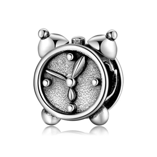 ZUOHUI Abalorio de mini reloj despertador retro oxidado de plata de ley S925 for mujer for pulseras Pandora, fabricación de joyas DIY, cuenta de reloj vintage