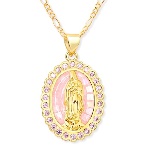 Levlanc 18K Gold Plated Virgin Mary Necklace Religious Gifts for Christian Women - Christian Jewelry for Women - Mother Mary Necklace - White Pink Pendant Catholic Jewelry - Elegant Gift Box Included