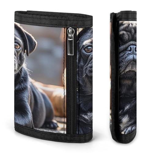 Cute Black Pug Dog Trifold Wallet, Card Cases And Money Oganizer Thin Stylish Mini Coin Bag with Zipper Coin Pocket Credit for Men And Women3