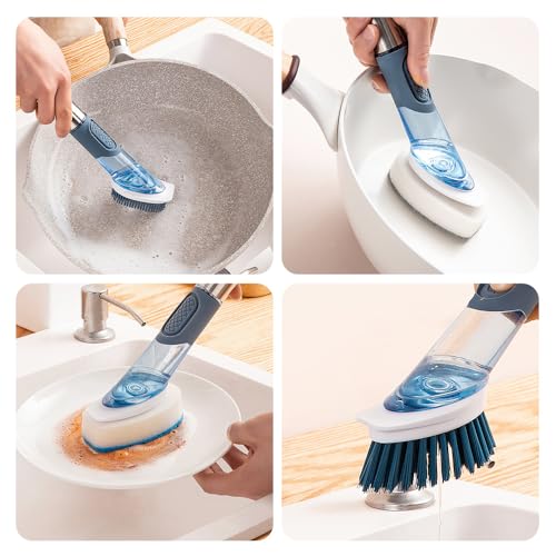 Image of Household Four in One Long Handled Kitchen Automatic Liquid Sponge Cleaning Tool, Long Handled Brush Pot, Hydraulic Cleaning Brush, Kitchen Specific Pot Cleaning Brush(Grey), Gray