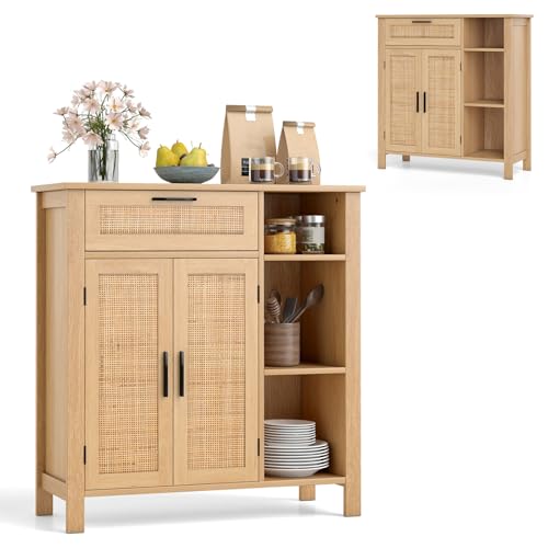 KOMFOTTEU Sideboard mit 2 Türen aus Rattan, Buffet Anrichte mit...