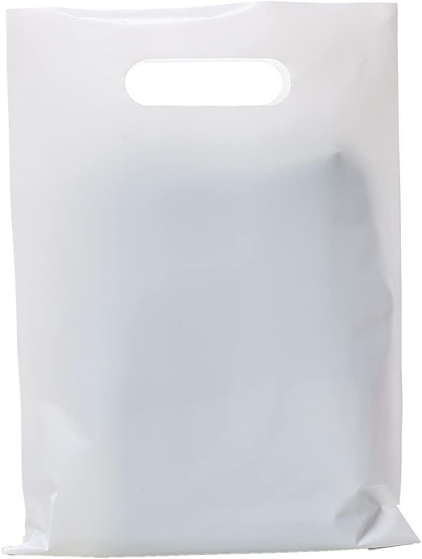 ysmile Small White Plastic Shopping Bag for Small Business Store Retail Die Cut Poly with Handle Goodie 100 ct 5.9"x7.8"