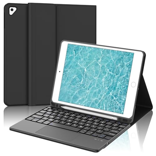 【2024年昇級版】タッチパッド搭載 iPad 第6世代 キーボード付きケース iPad 第5世代 キーボード 9.7インチ iPad Air2/Pro 9.7 兼用 Bluetoothキーボードカバー iPad Pro 9.7 キーボード ケース 脱着式 手帳型 オートスリープ スタンド機能 Pencil収納 耐衝撃 全面保護 多角度調整 薄型 着脱式 ブラック