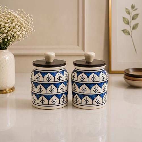 Image of Ceramic Kitchen Jars for Storage | Air Tight Containers with Wooden Lids | Masala, Salt, Pickle, Dry Fruits & Multi Utility Item Organiser Set (Hand-Painted, Blue Mughal, 450 ML, Pack of 2)