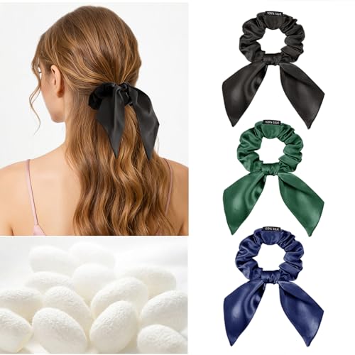 Image of THXSILK 100% Mulberry Silk Bow Scrunchies 3-Pack, 22 Momme Mulberry Silk Hair Ties for Women, Cute Bunny Ear No Damage Ponytail Holders, Fashion Hair Accessories for Girls(M, Dark Colors)