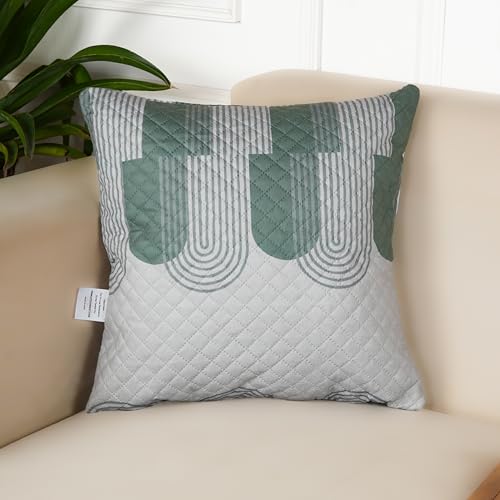 Image of STITCHNEST 'QuadraNest' Series Printed Quilted Velvet Cushion Cover 16x16 Inch Set of 5 | Premium Soft Fabric, Washable & Fade Resistant | Decorative Living Room Cushion Covers | Green & White Wave