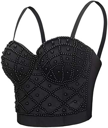Chenyi Women's Strap Beads Bustier Corset Crop Top Club Party Bra (M, Black)