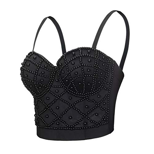 Chenyi Women's Strap Beads Bustier Corset Crop Top Club Party Bra (M, Black) #TOP1