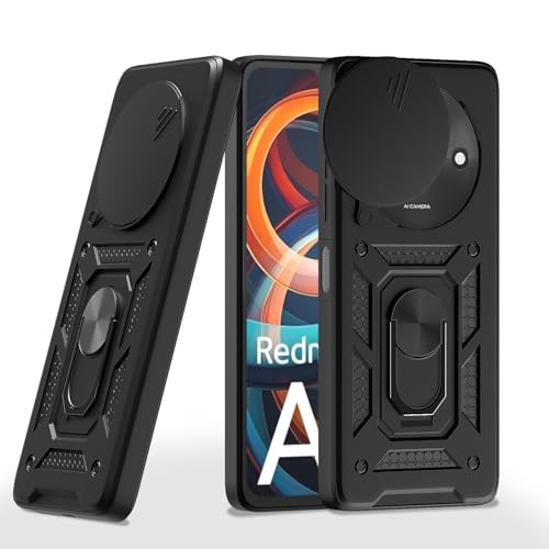 Image of Pikkme D10 Tough Armor Bumper Case | 360 Protection Case | Sliding Camera Shield Cover & Ring Holder Stand Back Cover for Redmi A3 (2024) / Redmi A3x / Poco C61(Black)