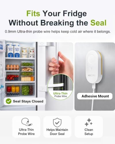 Image of MOCREO WiFi Refrigerator Thermometer with Freezer Alarm, App Email Buzzer Alerts, Power Outage Alert, Pass-Through Outlet Hub, 2 Sensors, Ultra-Flat Probe, Remote Temperature Monitor for Home Kitchen