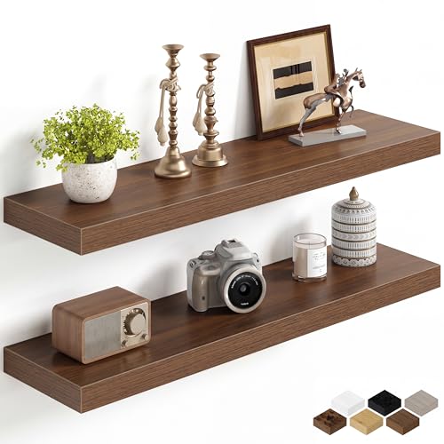 Image of Fun Memories 32Inch Floating Shelves for Wall, 8 Inch Deep Shelves for Bathroom|Bedroom|Kitchen Wall Mounted, Wood Hanging Shelf with Invisible Brackets for Home Storage Decor, Walnut - 2 Pack