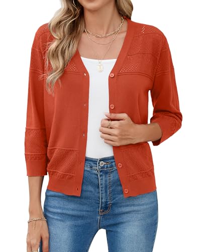 Iandroiy Women's Cropped Cardigan Lightweight Crochet Shrug 3/4 Sleeve Hollowed-Out Knit Sweater Tops