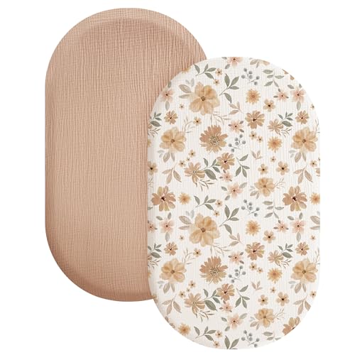 Image of Konssy 2 Pack Muslin Fitted Bassinet Sheets for Baby Girl Boy, Soft Breathable Baby Bassinet Sheets Fit for Bassinets, Cradle, Moses Basket Oval Rectangle Pad/Mattress (Peach,Floral)