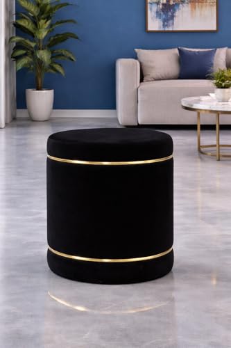 Image of Pouffes Sitting Stool for Living Room, Puffy Wooden Ottoman | Round Pouffe for Living Room & Bedroom | Pouf for Office & Home Decoration & Modern Seating Stool (Black)