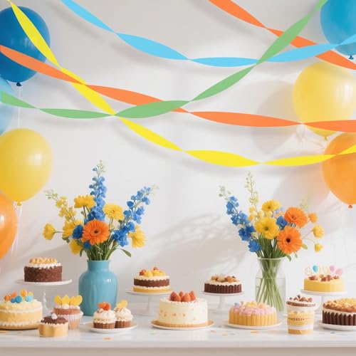 Image of 8 Rolls Crepe Paper Streamers, Orange, Yellow, Green and Blue Streamers Party Decorations for Birthday Baby Shower Bridal Shower Wedding Bachelorette Party Boho Decor