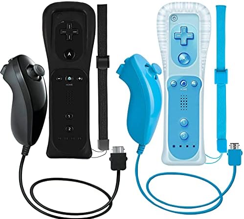 ZeroStory 2 Packs Wireless Controller and Nunchuck for Wii and Wii U Console, Gamepad with Silicone Case and Wrist Strap (Black and Blue)