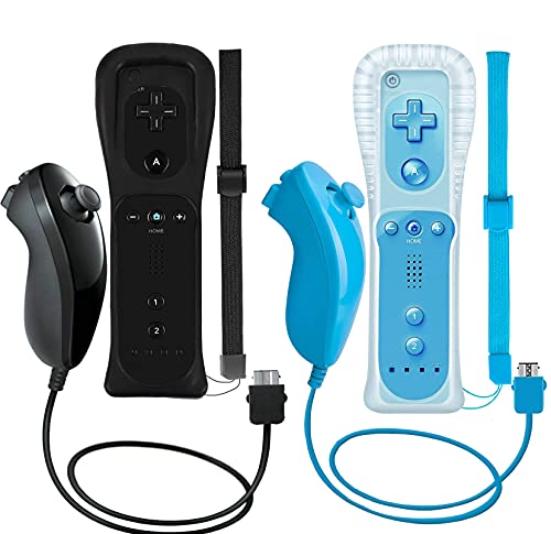 Zerostory 2 Packs Wireless Controller And Nunchuck For Wii And Wii U Console, Gamepad With Silicone Case And Wrist Strap (Black And Blue) #TOP2