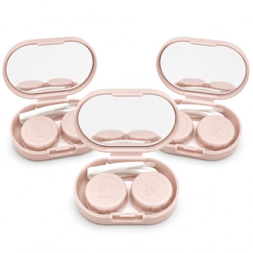 Kit 3 Estojos para Lentes de Contato com Espelho e Pinça, Porta Lentes Portátil de Viagem, (ROSA)
