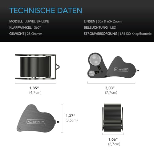 AC Infinity Juwelier-Lupe, Taschen-Vergrößerungsglas mit LED-Licht & Doppel-Linsen, 30x 60x Zoom für Schmuck, Uhren, Münzen, Briefmarken, Pflanzen-Buds