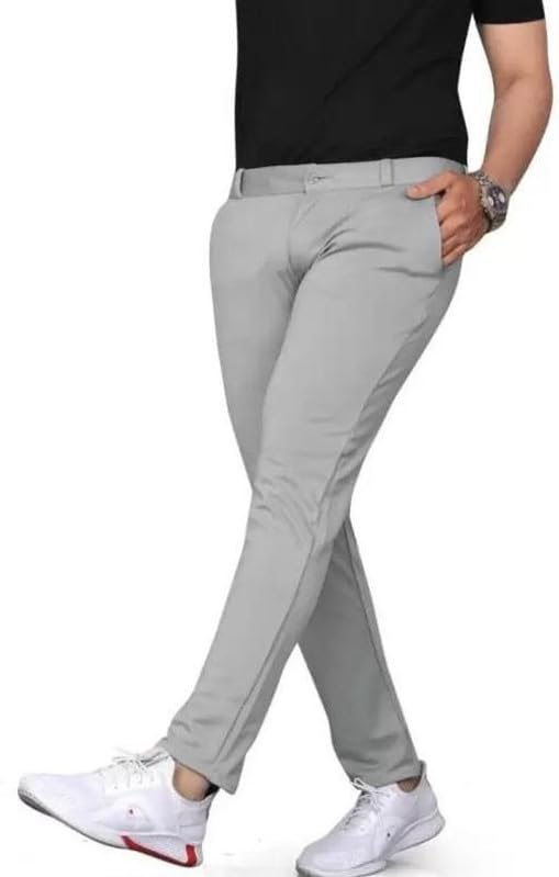 Image of Men's Regular Fit Light Grey Stretchable Trousers - Expandable Waist Formal & Casual Pants | Premium Lightweight Comfortable