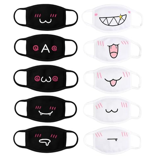 ZHLKHIOP 10 Pack Femboy Mask and Anime Mask, with 5 Styles in Black and 5 Styles in White, Soft and Breathable Material, Adjustable Ear Loops for Comfortable Fit
