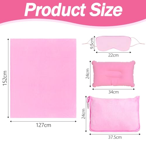 WEFHEF Couverture de Voyage 2 en 1 en Flanelle, Mini Couverture Avion 152x127cm, Couvertures Polaire Avion, Couvertures Voyage Voiture avec Oreiller, Cache-Œil et Pochette, pour Camping Bagage, Rose – Image 3