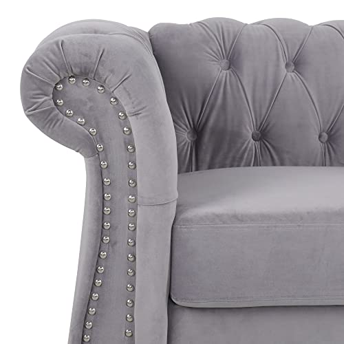 Image of Chesterfield Chair, Modern Velvet Tufted Accent Sofa Couch Chair with Scroll Arms and Nailhead for Living Room, Bedroom, Office, Apartment (Grey)
