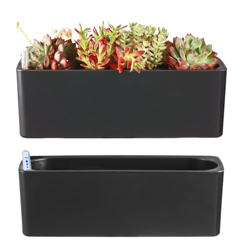 Paquete de 2 macetas rectangulares de riego automático de 15.6 x 5.4 Pulgadas, macetas rectangulares para Interiores con riego automático, macetas de plástico con Agujeros de Drenaje, Maceta Negra