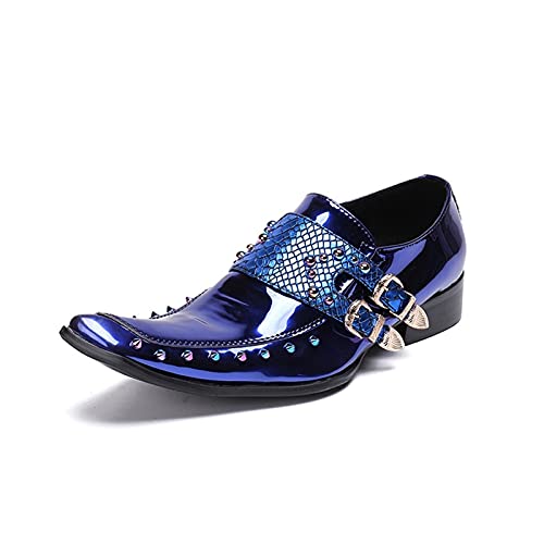 Men's Formal Oxford Faux Crocodile Grain Monk Buckles Patent Genuine Leather Square Toe Rhinestones Decor Spikes Dress Shoes