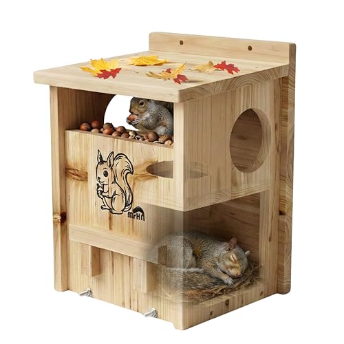 MrHN Squirrel House with Feeder - Easy Assembly 2 in 1 Squirrel Houses and Squirrel Feeder for Outside Nesting Squirrel Nesting Box Chipmunk Houses for Outside MrHN Double Acorn (Small)