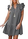 Dokotoo Womens Cute Summer Dresses for Womne 2025 Fashion Boho Short Ruffle Sleeve Drawstring V-Neck Babydoll Sun Cruise Dress Lightweight Casual Swing Tunic Dress Mini Ladies Dresses Gray Medium