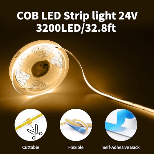 ShineBurky 10M COB LED Strip Lights, 3000K Warm White Cuttable Tape Lights with Plug - Image 4