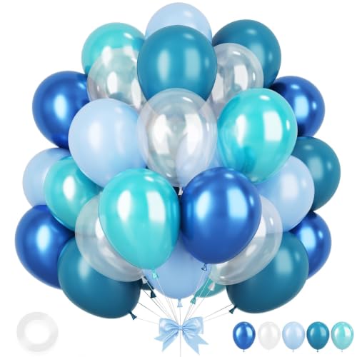 Image of Ocean Themed Party Balloons, 12 Inches Turquoise Teal Blue Clear Metallic Balloons for Ocean Shark Sea Themed Pool Party Baby Shower Birthday Beach Decorations