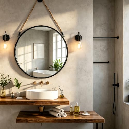 POZINO 20" Round Wall Mirror with Jute Rope, Circle Hanging Mirror for Wall - Image 2
