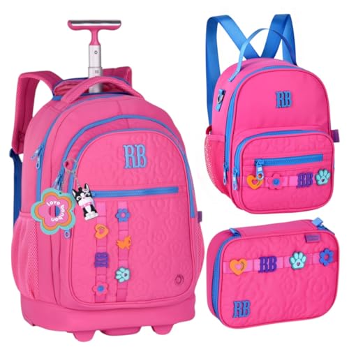 Rebecca Bonbon Kit Mochila Escolar com Rodinha, Lancheira e Estojo, 3 Peças, Poliéster, 45x35x22cm, Design RB Bonbon Lovers (Rosa)