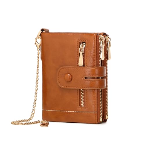 Image of AOXONEL Wallets for Women Small Rfid Bifold Leather Ladies Wallet,Travel Billfolds Medium Size Card Holder with Removable Wristlet Chain,Multi-Card Slots,ID Window,Double Zipper Coin Pocket (Brown)