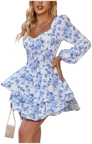 BEAUDRM Women's Floral Print Short Dress Boho Tiered Layer A Line Ruffle Mini Dress Blue and White Small