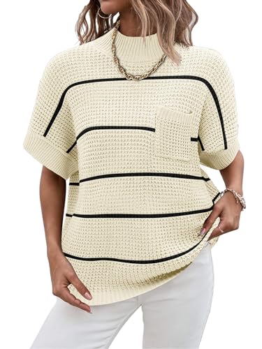 Image of Women 2026 Sweater Vest Mock Neck Batwing Short Sleeve Oversized Ribbed Knit Tops Fall Pullover Sweater S-XXL