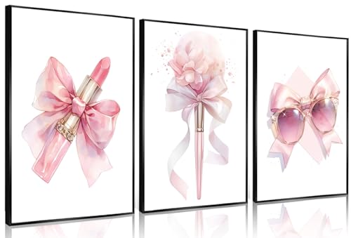 3Pcs Pink Makeup Wall Art Fashion Women Luxury Bow Wall Decor Pictures Preppy Coquette Lipstick Makeup Brush Aesthetic Posters Prints for Girls Bedroom Beauty Room Decoration Unframed 12x16in