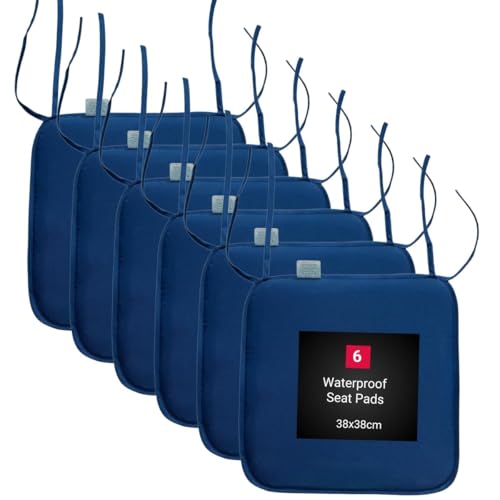 KARKARM Waterproof Chair Cushion Seat Pads Set of 6 Navy Blue, 38x38cm - Outdoor Garden Chair Seat Pads Tie on - Indoor Dining Chair Seat Pads for Home Office Kitchen Patio