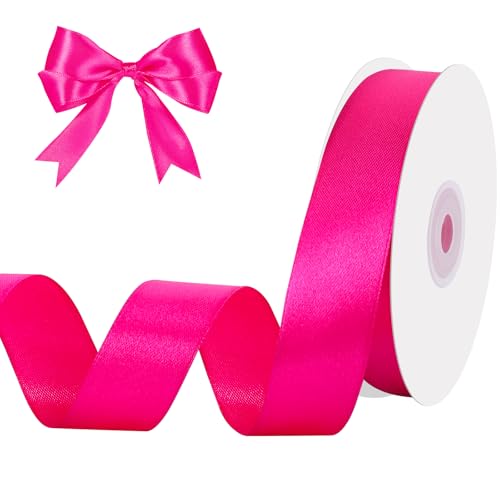Image of woric Hot Pink Ribbon 1 Inch 50 Yards Pink Satin Ribbon for Wedding Decor Graduation Leis Hair Bows Crafts Baby Girl Shower Gift Wrapping Flower Bouquet Holiday Decorations