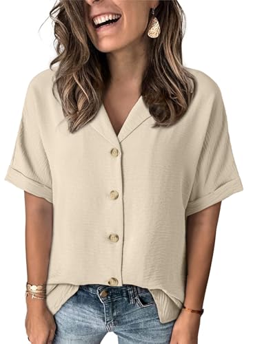 Dokotoo Womens Tops Ladies Work Business Button Down Blouses Loose Fit Dressy Casual Solid Color V Neck Short Sleeve Shirts for Women Office Business Tops for Women Trendy 2026 Beige Large