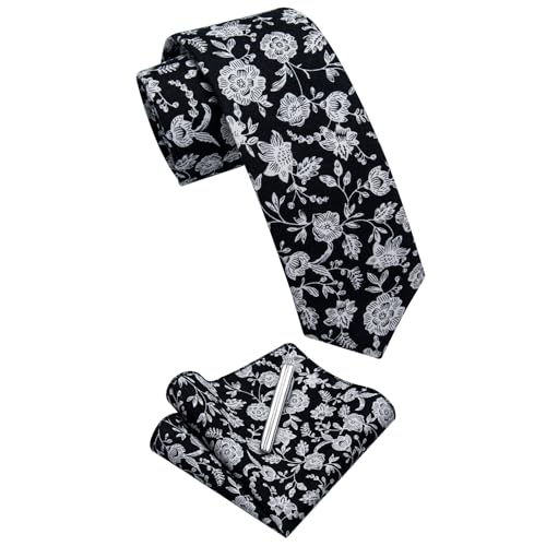 Image of YourTies Cotton Floral Tie for Men 2.5 inch Printed Skinny Necktie Pocket Square Tie Clip Set Flower Wedding Party Groom