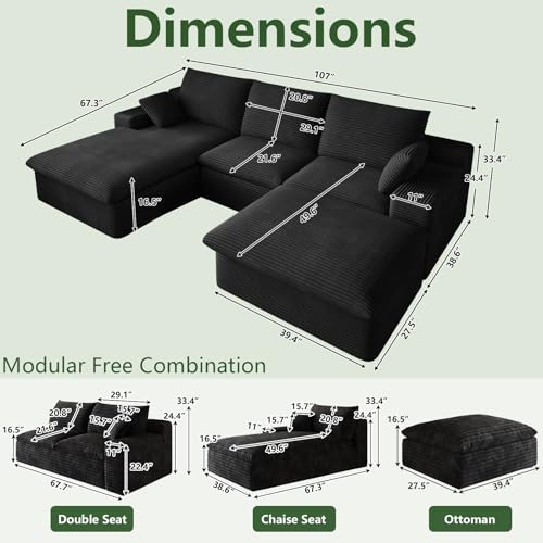Image of 107 inch Cloud Couch Modular Sectional Sofa for Living Room, U-Shape Boneless Couch with Deep Seat, Modern Corduroy 3-Seater with Ottoman, No Assembly Required (Jet Black,Left-Facing Chaise)