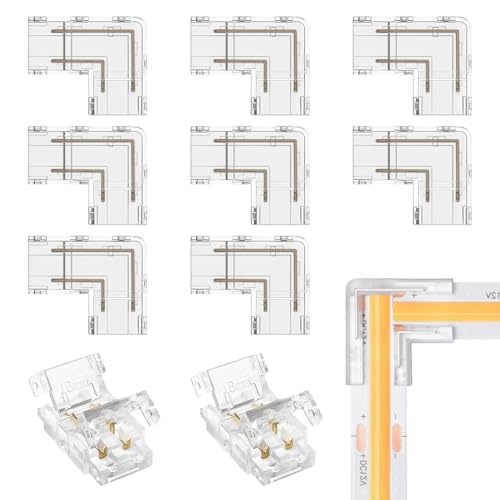 Innovess 10Pcs COB LED Strip Light Connectors Kit for 8mm 2-Pin Strips, Includes 8 L-Shape Corner and 2 Straight Solderless Connectors, Easy Installation for Indoor LED Lighting Projects