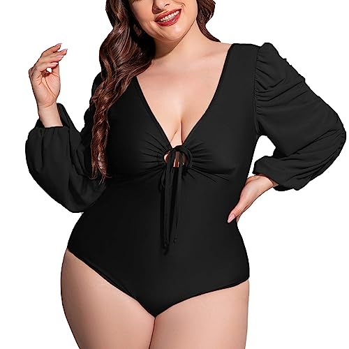 Genérico BañAdores Mujer Tallas Grandes Traje de baño de Verano para Mujer, Traje de baño de Manga Larga con Empalme Protector Solar, Bikini Sexy de Talla Grande con Cuello en V y (Black, XXXXL)