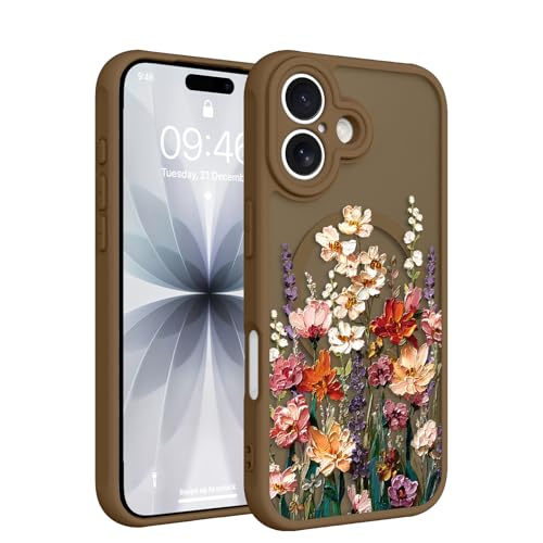 Image of Magnetic for iPhone 17 Case for Women Girls, Brown Floral | Cute Oil Painting Flower Pattern Design [Compatible with MagSafe] [Full Camera Protection] Slim Bumper Matte Protective Cover